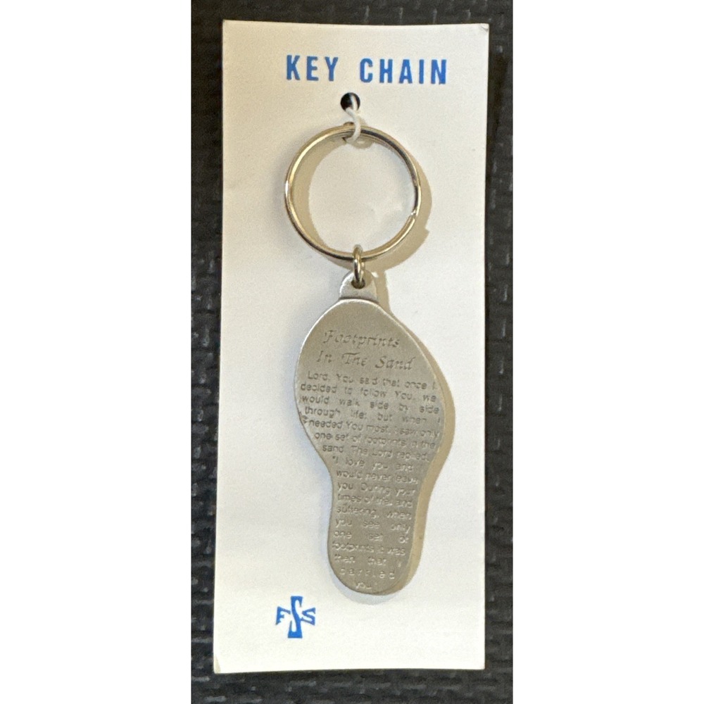 VTG NOS Pewter Religious Christian Keychain Footprints In The Sand